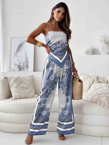 Matching Set Outfits - Dressy Boho Printed Wide-Leg Pants Set with Knot Back Top