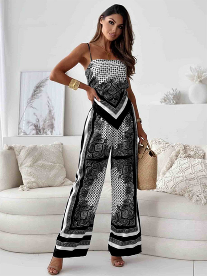 Matching Set Outfits - Dressy Boho Printed Wide-Leg Pants Set with Knot Back Top