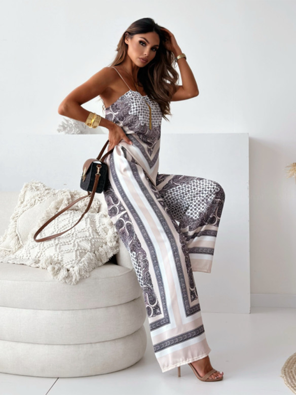 Matching Set Outfits - Dressy Boho Printed Wide-Leg Pants Set with Knot Back Top