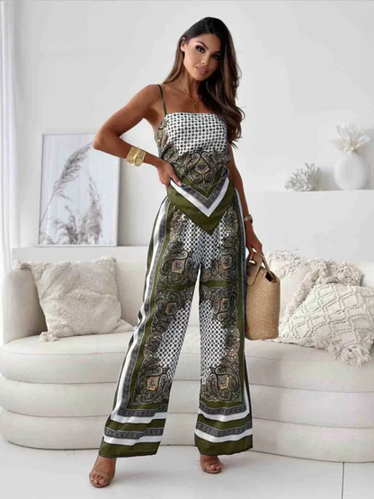 Matching Set Outfits - Dressy Boho Printed Wide-Leg Pants Set with Knot Back Top