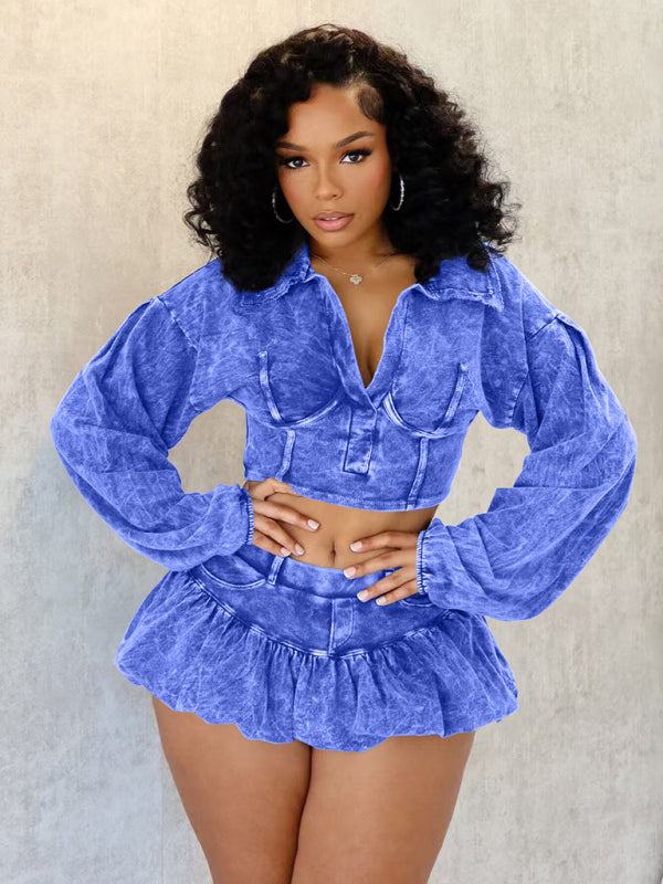 Matching Set - Washed Denim Crop Jacket and Mini Skort Set