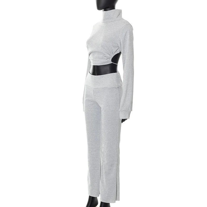 Matching Sets - Backless Turtleneck Crop Top & Flare Pants Lounge Casual Outfit