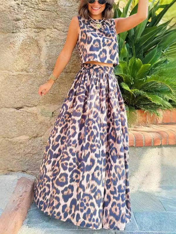 Matching Sets - Leopard Print Maxi Skirt & Crop Top Set 2 Piece Outfit