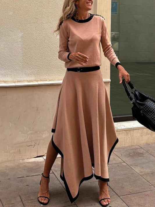 Matching Sets - Long-Sleeve Top and Maxi Skirt Set with Contrast Piping