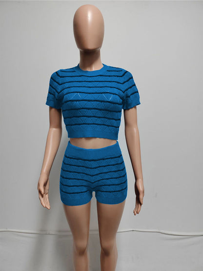 Matching Sets - Striped Knit Crop Top & Shorts Set