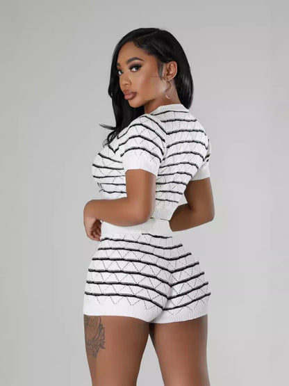 Matching Sets - Striped Knit Crop Top & Shorts Set