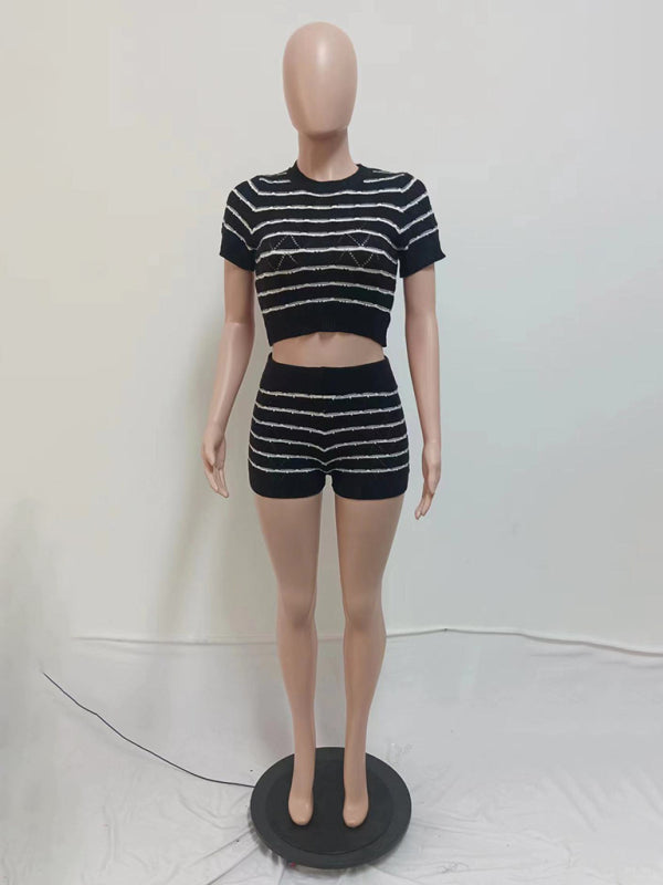 Matching Sets - Striped Knit Crop Top & Shorts Set