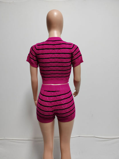 Matching Sets - Striped Knit Crop Top & Shorts Set