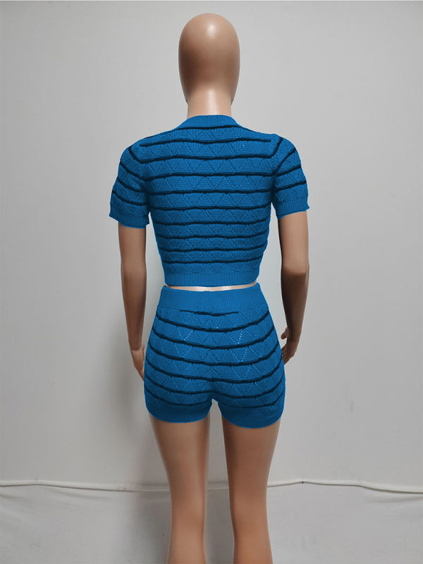 Matching Sets - Striped Knit Crop Top & Shorts Set