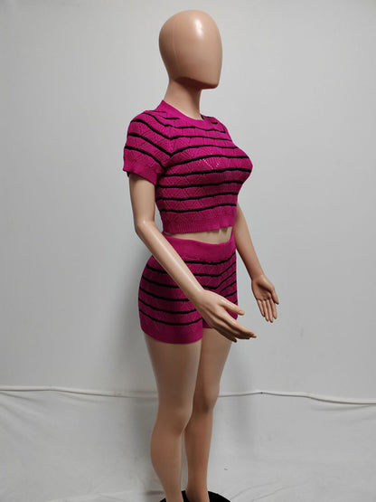 Matching Sets - Striped Knit Crop Top & Shorts Set