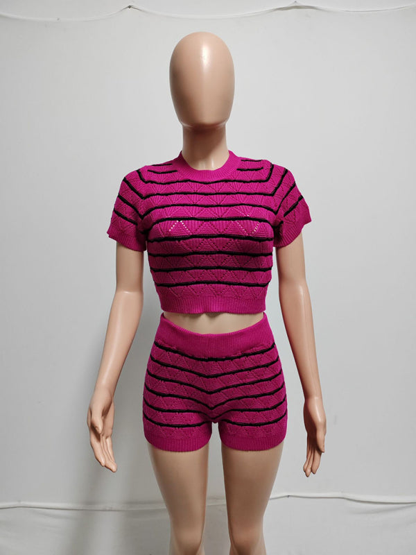 Matching Sets - Striped Knit Crop Top & Shorts Set