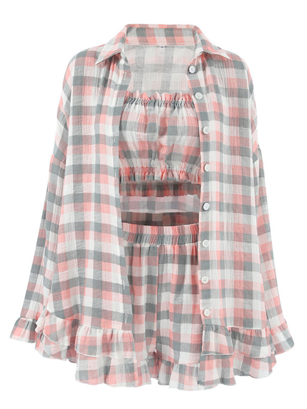 Matching Sets- Women Ruffles Three-Piece Plaid Loungewear Set- - Pekosa Women Fashion