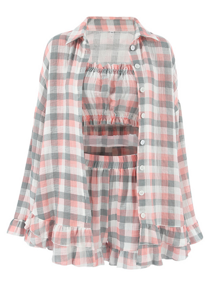 Matching Sets- Women Ruffles Three-Piece Plaid Loungewear Set- - Pekosa Women Fashion