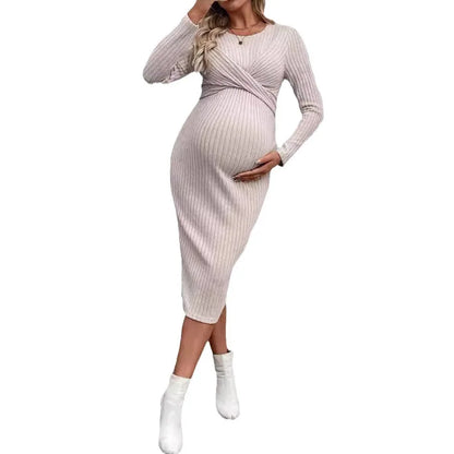 Maternity Dresses - Comfy Crisscross Ribbed Maternity Knit Dress for Casual Wear