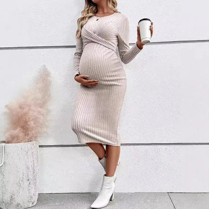 Maternity Dresses - Comfy Crisscross Ribbed Maternity Knit Dress for Casual Wear