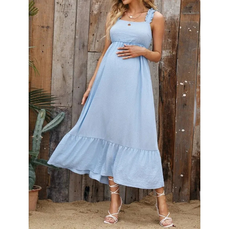 Maternity Dresses- Cotton A-Line Maternity Midi Dress with Ruffle Straps- - Pekosa Women Fashion