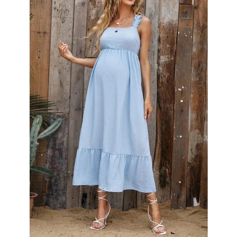 Maternity Dresses- Cotton A-Line Maternity Midi Dress with Ruffle Straps- - Pekosa Women Fashion