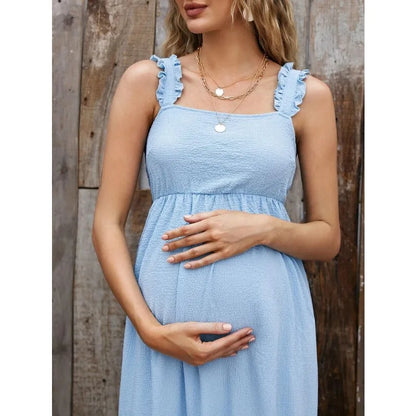 Maternity Dresses- Cotton A-Line Maternity Midi Dress with Ruffle Straps- - Pekosa Women Fashion