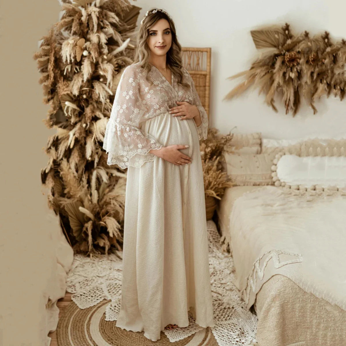 Maternity Dresses- Elegant Cotton Boho Maternity Gown Dress for Moms-to-be- Beige- Pekosa Women Fashion