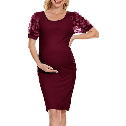 Maternity Dresses- Elegant Lace Sleeve Bodycon Maternity Dress for Baby Showers- Wine Red- Pekosa Women Fashion