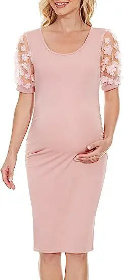 Maternity Dresses- Elegant Lace Sleeve Bodycon Maternity Dress for Baby Showers- Pink- Pekosa Women Fashion