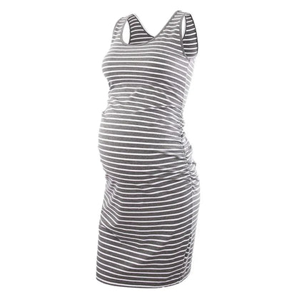 Maternity Dresses- Essential Spring Striped Bodycon Maternity Dress with Ruched Sides- dark gray- Pekosa Women Fashion