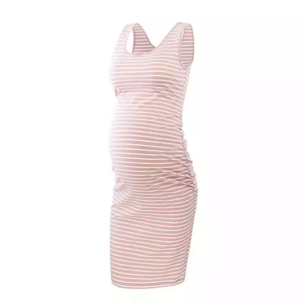 Maternity Dresses- Essential Spring Striped Bodycon Maternity Dress with Ruched Sides- Pink- Pekosa Women Fashion