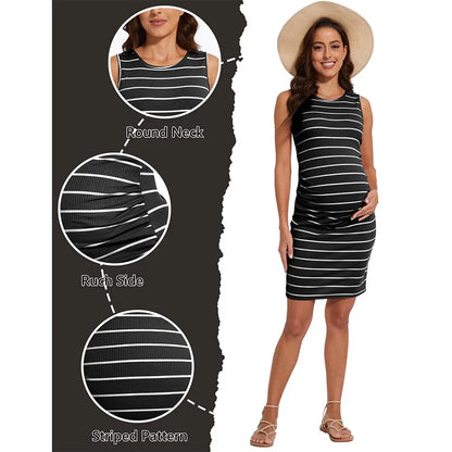 Maternity Dresses- Essential Spring Striped Bodycon Maternity Dress with Ruched Sides- - Pekosa Women Fashion