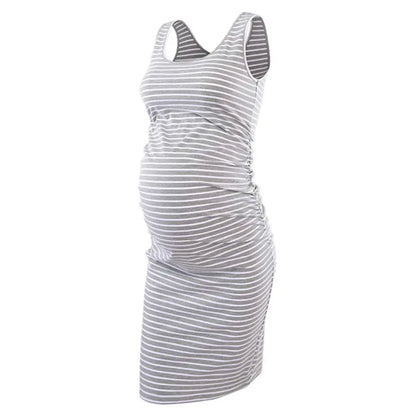 Maternity Dresses- Essential Spring Striped Bodycon Maternity Dress with Ruched Sides- Light Gray- Pekosa Women Fashion