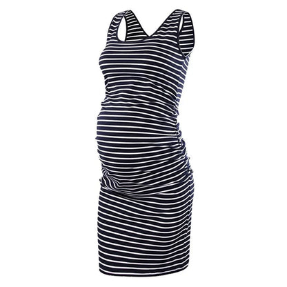 Maternity Dresses- Essential Spring Striped Bodycon Maternity Dress with Ruched Sides- Black- Pekosa Women Fashion