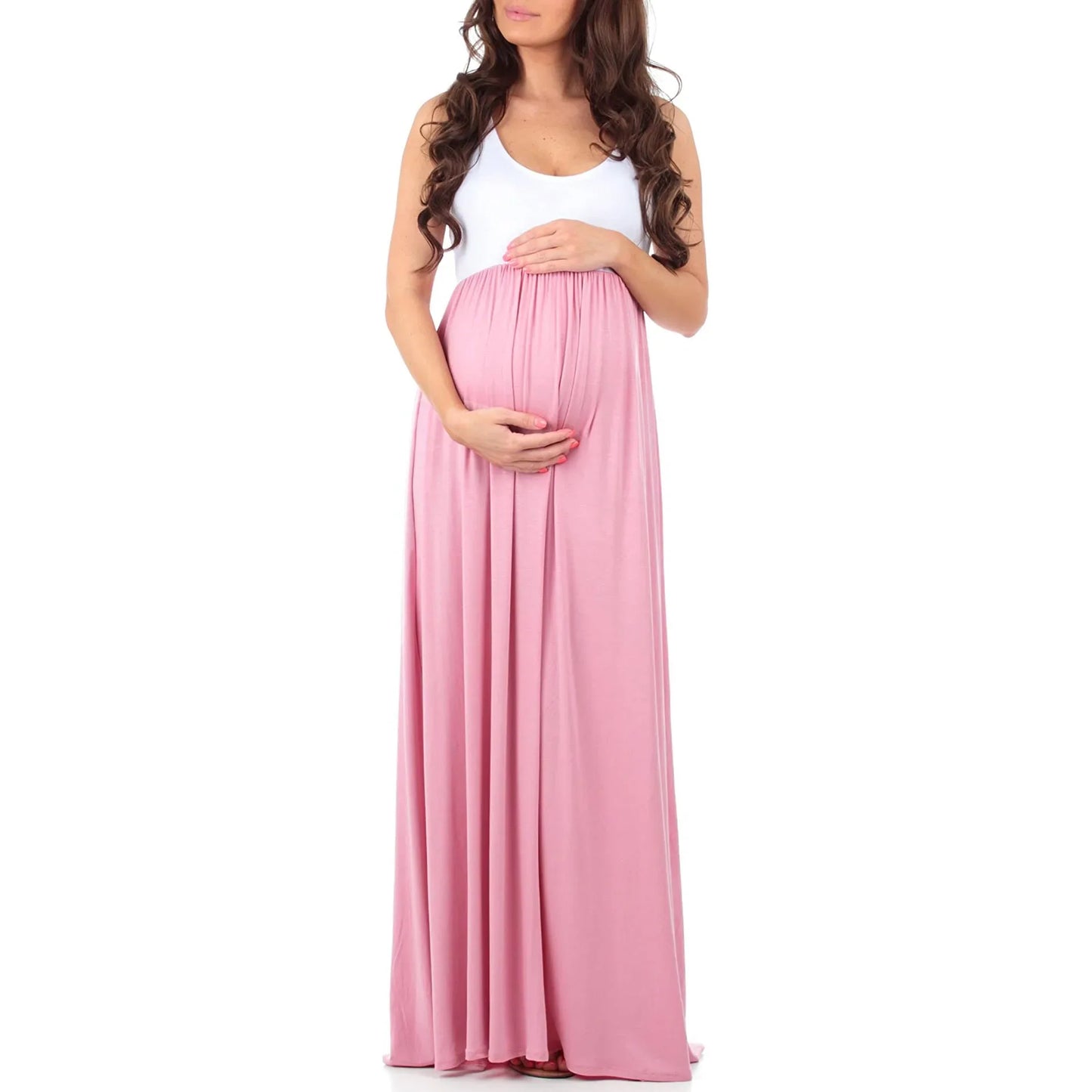 Maternity Dresses- Essential Summer Maternity Maxi Dress with Tank Top Design- Pink- Pekosa Women Fashion