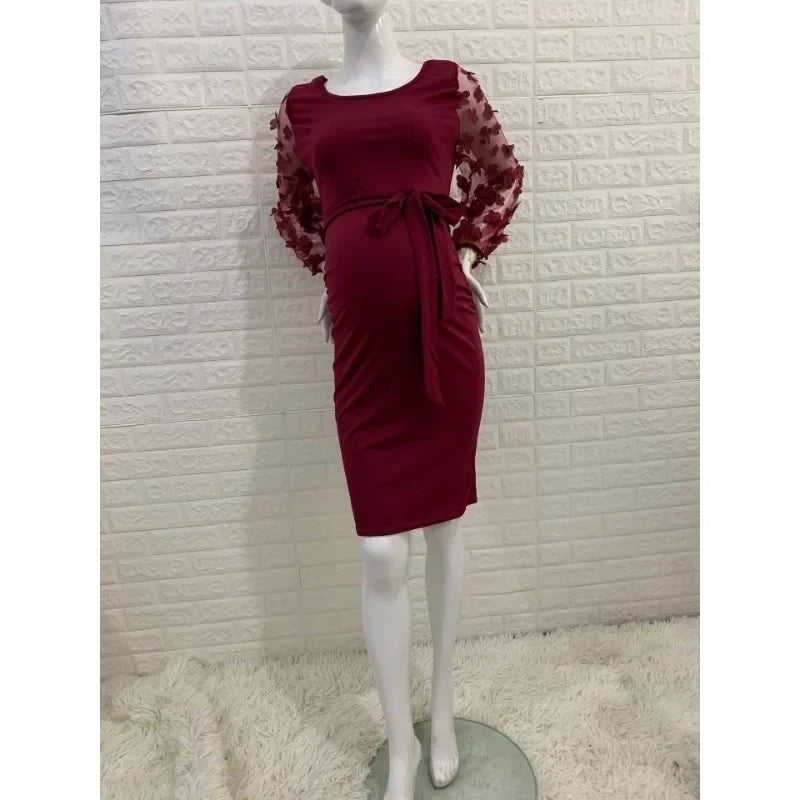 Maternity Dresses- Floral Lace Sleeve Bodycon Maternity Dress for Chic Moms-to-Be- Dark red- Pekosa Women Fashion