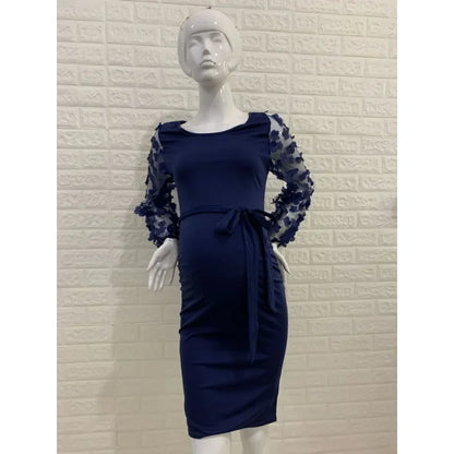 Maternity Dresses- Floral Lace Sleeve Bodycon Maternity Dress for Chic Moms-to-Be- Dark blue- Pekosa Women Fashion