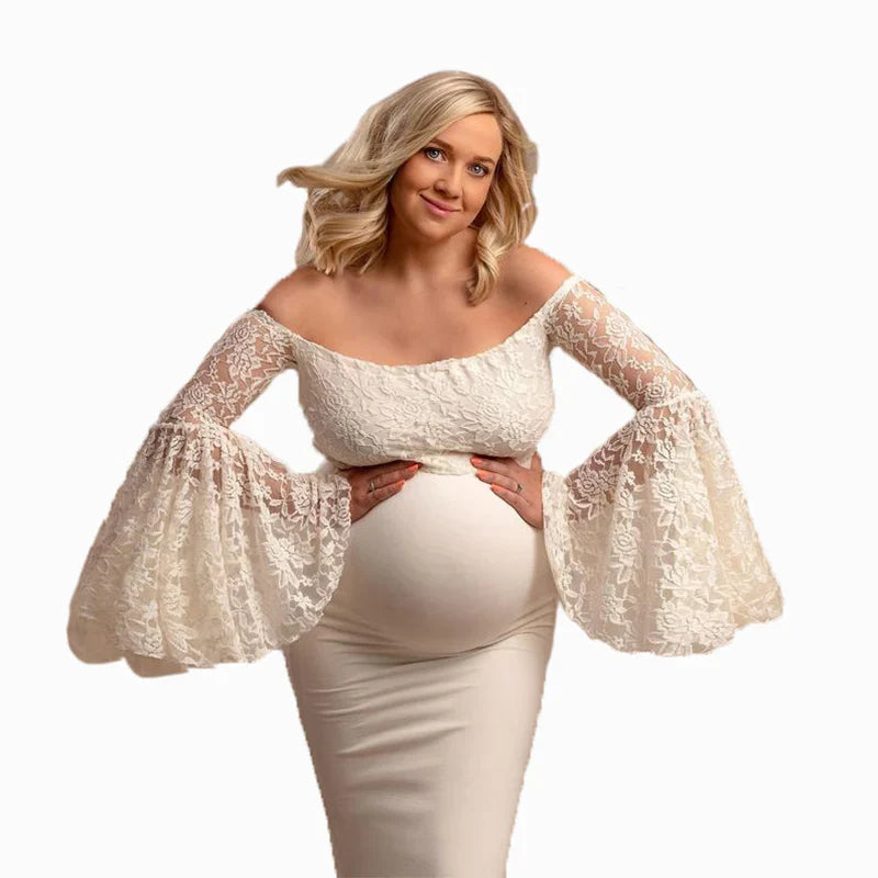 Maternity Dresses- Lace Sleeve Maternity Evening Gown - Floor-Length Mermaid Maternity Dress- White- Pekosa Women Fashion