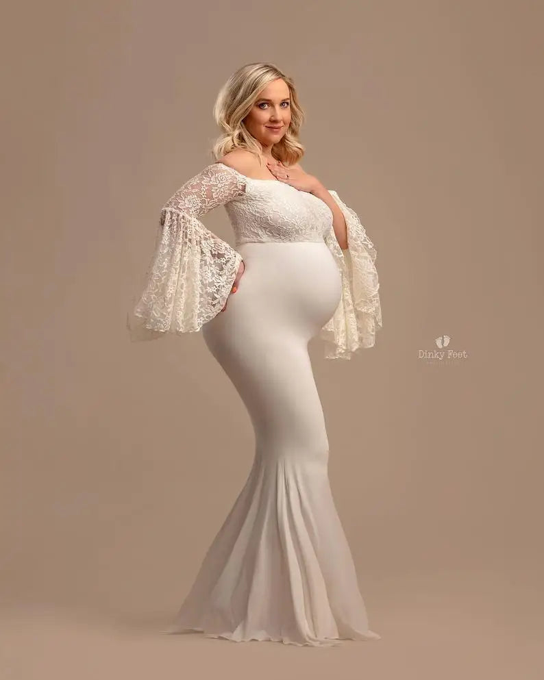 Maternity Dresses- Lace Sleeve Maternity Evening Gown - Floor-Length Mermaid Maternity Dress- - Pekosa Women Fashion