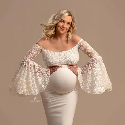 Maternity Dresses- Lace Sleeve Maternity Evening Gown - Floor-Length Mermaid Maternity Dress- - Pekosa Women Fashion