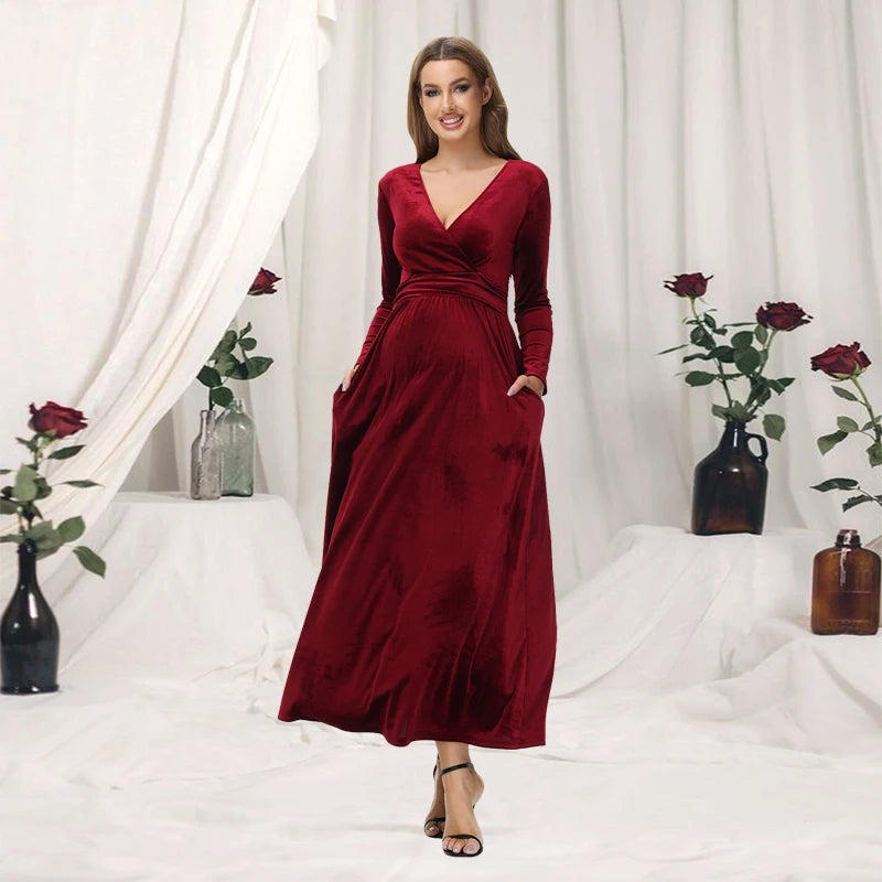 Maternity Dresses - Velvet Maxi Maternity Dress Velour Gown