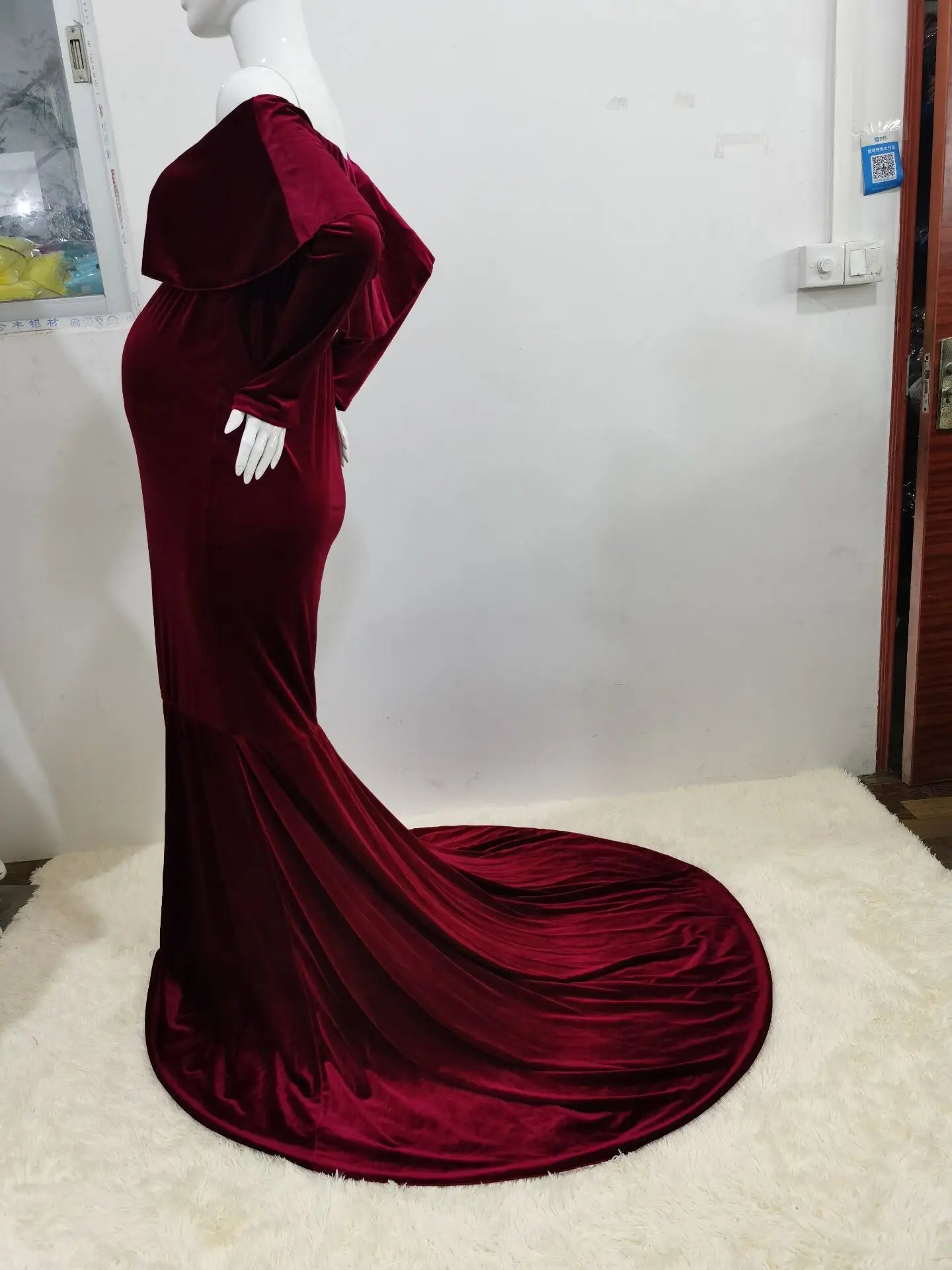 Maternity Dresses - Velvet Mermaid Maternity Dress Off-Shoulder Baby Shower Gown