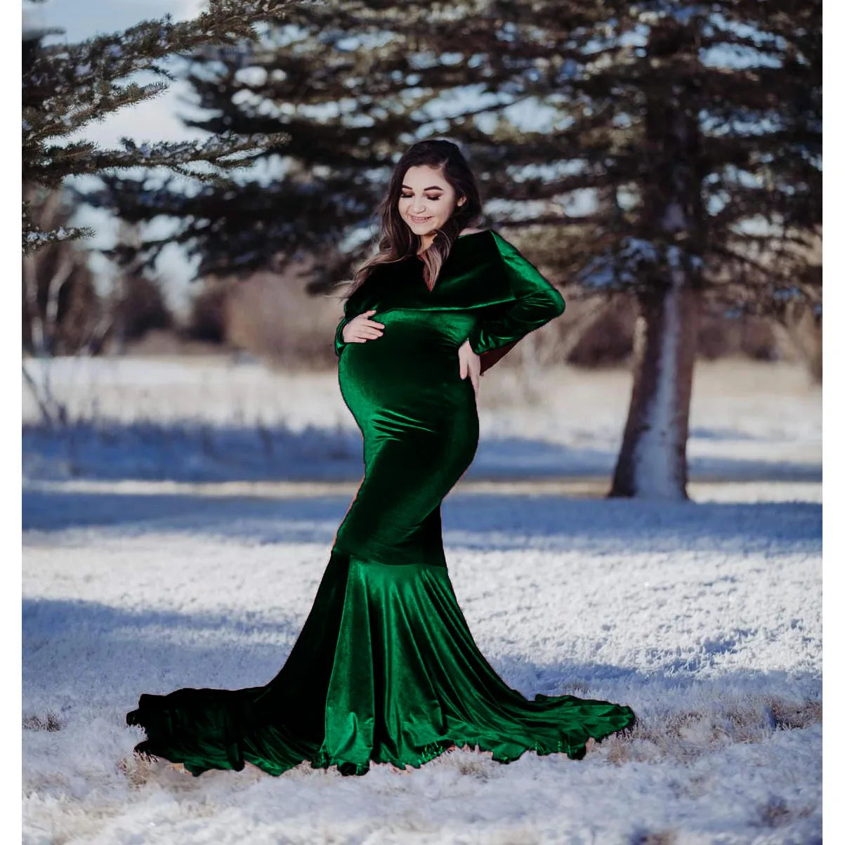 Maternity Dresses - Velvet Mermaid Maternity Dress Off-Shoulder Baby Shower Gown