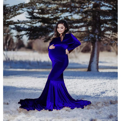 Maternity Dresses - Velvet Mermaid Maternity Dress Off-Shoulder Baby Shower Gown