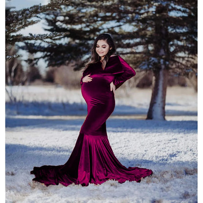 Maternity Dresses - Velvet Mermaid Maternity Dress Off-Shoulder Baby Shower Gown