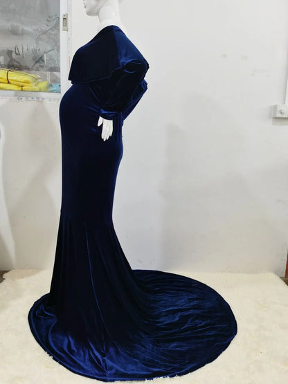 Maternity Dresses - Velvet Mermaid Maternity Dress Off-Shoulder Baby Shower Gown