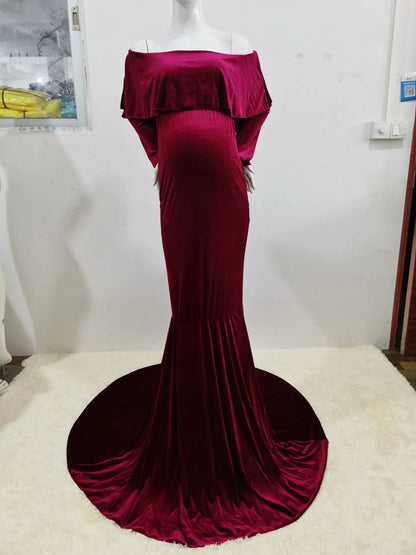 Maternity Dresses - Velvet Mermaid Maternity Dress Off-Shoulder Baby Shower Gown