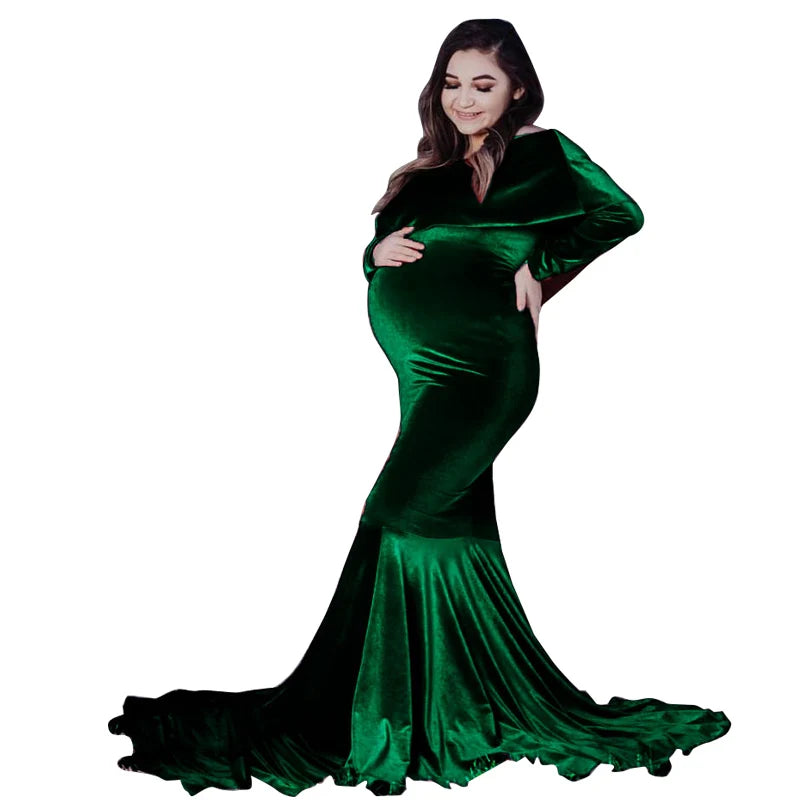 Maternity Dresses - Velvet Mermaid Maternity Dress Off-Shoulder Baby Shower Gown