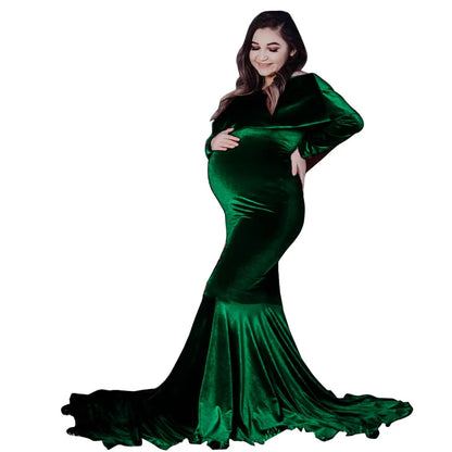 Maternity Dresses - Velvet Mermaid Maternity Dress Off-Shoulder Baby Shower Gown