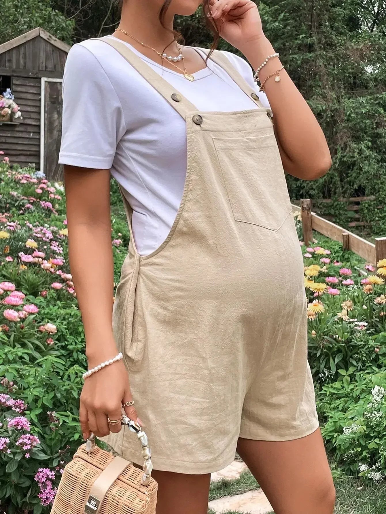 Maternity Playsuits- Solid Cotton Bib Shorts Maternity Romper- - Chuzko Women Clothing