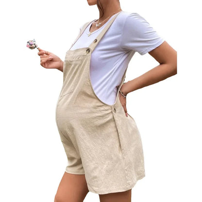 Maternity Playsuits- Solid Cotton Bib Shorts Maternity Romper- - Chuzko Women Clothing