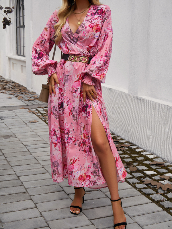 Maxi Dress- Floral Long Sleeve Surplice V-Neck Maxi Dress