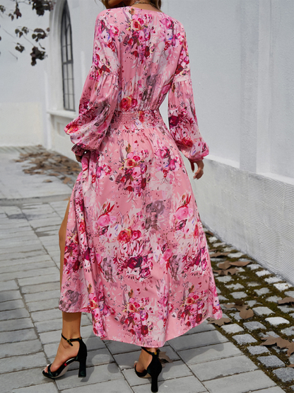 Maxi Dress- Floral Long Sleeve Surplice V-Neck Maxi Dress