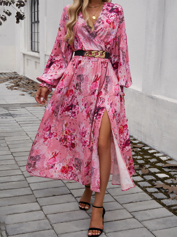 Maxi Dress- Floral Long Sleeve Surplice V-Neck Maxi Dress